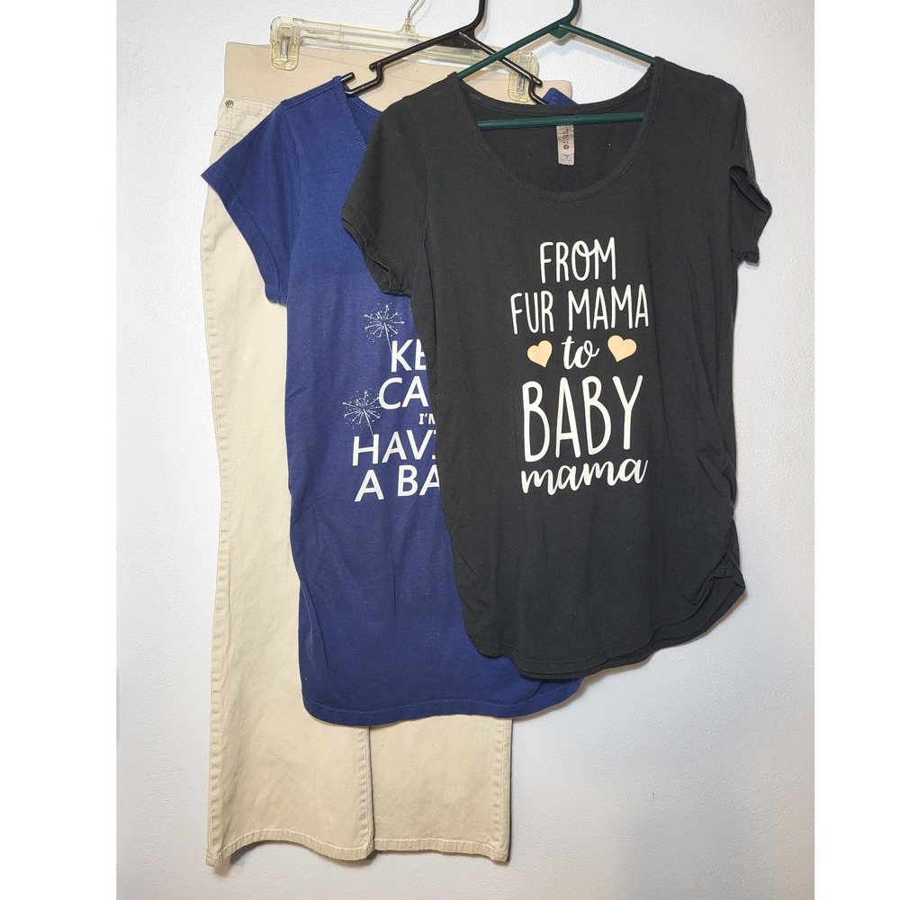 Maternity Bundle‎ Medium 3 Piece 2 Graphic T-Shirts Kika Cream Textured Pants